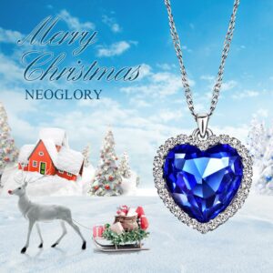 NEOGLORY Blue Crystals Heart Love Shaped Necklaces Jewelry, Heart of The Ocean Necklace from Titanic Crystal Pendant for Women Gift 18+2inch