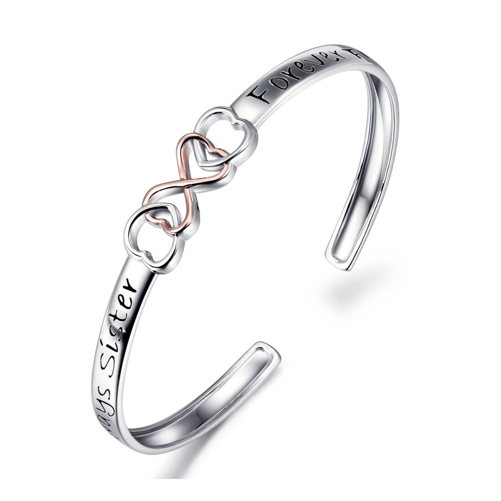 Two Tone 925 Sterling Silver "Always Sister Forever Friend" Infinity Love Bracelet 7 Inch, Friendship Gift for Women BFF Birthday Gift