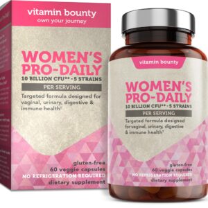 Vitamin Bounty Women's Pro-Daily Probiotic - 10 Billion CFUs, and 5 Strains, Help Vaginal & Digestive Health, Vaginal Probiotic & Prebiotic & pH Balance, Cranberry, Gluten-Free - 60 Capsules