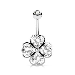 Dynamique Four CZ Set Heart Shamrock 316L Surgical Steel Belly Button Ring (Sold Per Piece)