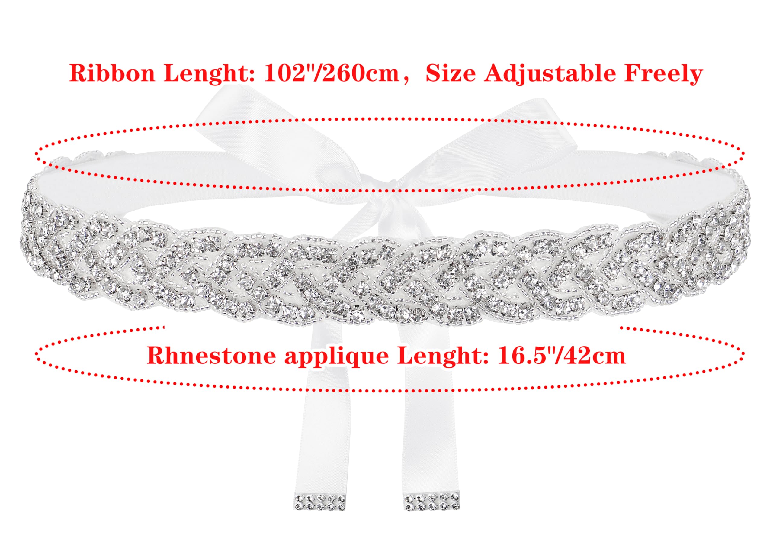 Lovful Handmade Bridal Belt, Rhinestone Wedding Dress Belts, Ribbon Crystal Sash for Women,White