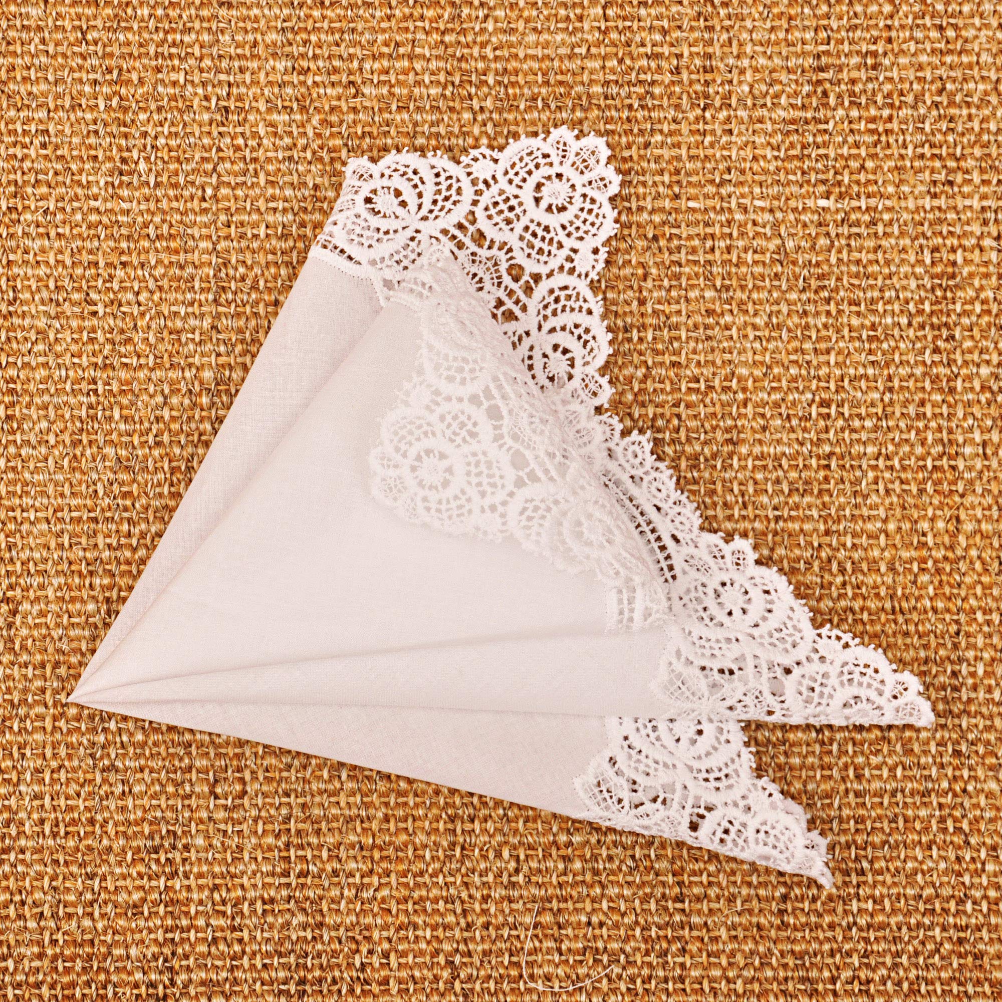 Milesky White Wedding Handkerchief Pure Cotton, Soft Ladies Hanky with Crochet Lace CH02