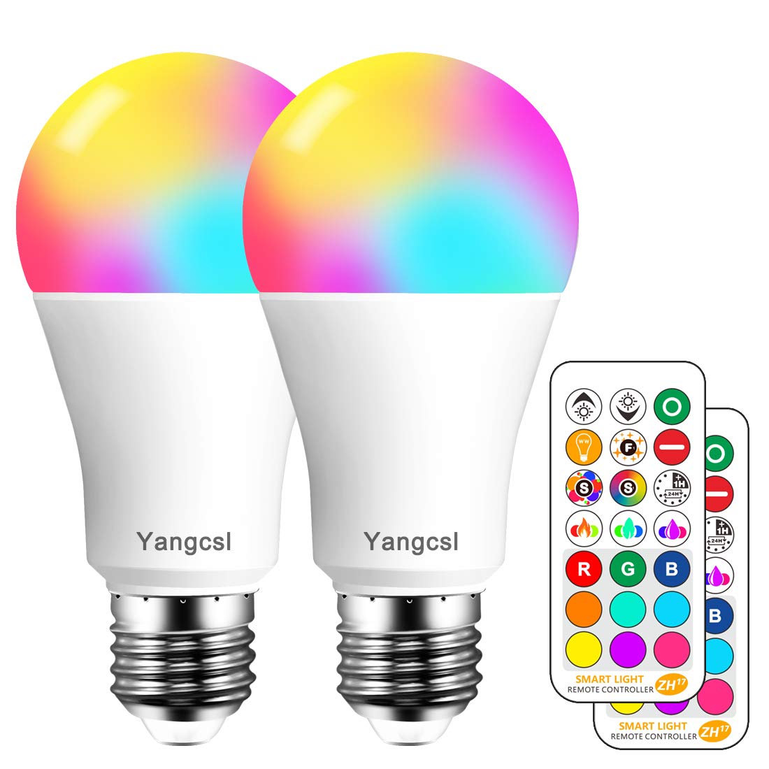 Yangcsl LED Light Bulb 85W Equivalent, RGB Color Changing Light Bulb, 6 Moods - Memory - Sync - Dimmable, A19 E26 Screw Base, Timing Remote Control Included (Pack of 2)