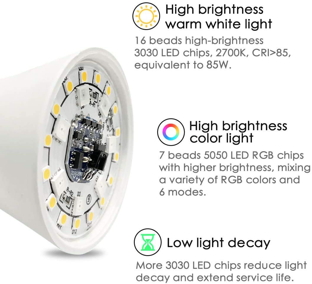 Yangcsl LED Light Bulb 85W Equivalent, RGB Color Changing Light Bulb, 6 Moods - Memory - Sync - Dimmable, A19 E26 Screw Base, Timing Remote Control Included (Pack of 2)