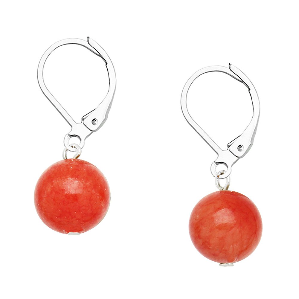 Falari 10mm Round Natural Stone Earring High Polished Rhodium Leverback Peach Quartz