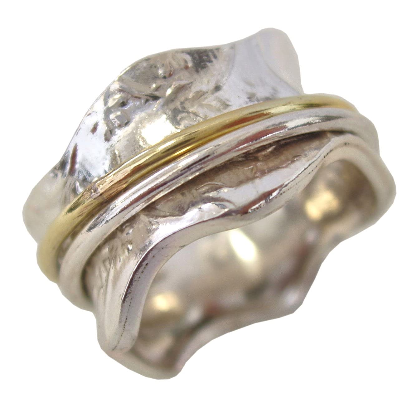 ENERGY STONE 925 Sterling Silver Meadow Meditation Spinner Ring for Women with Rounded Brass and Silver Spinners (Style US04) (6.5)