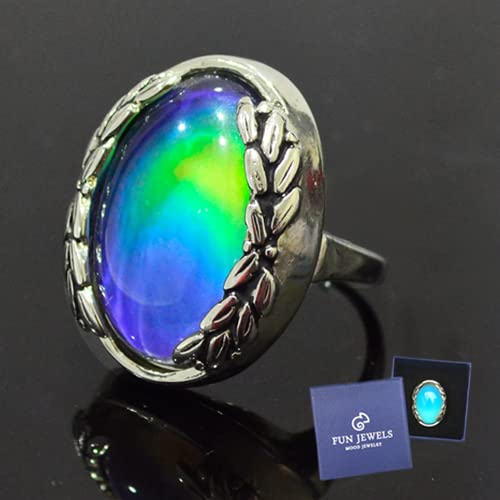 FUN JEWELS Antique Silver Color Plating Multi Color Change Oval Stone Leaf Statement Mood Ring Size 6-10 For Women