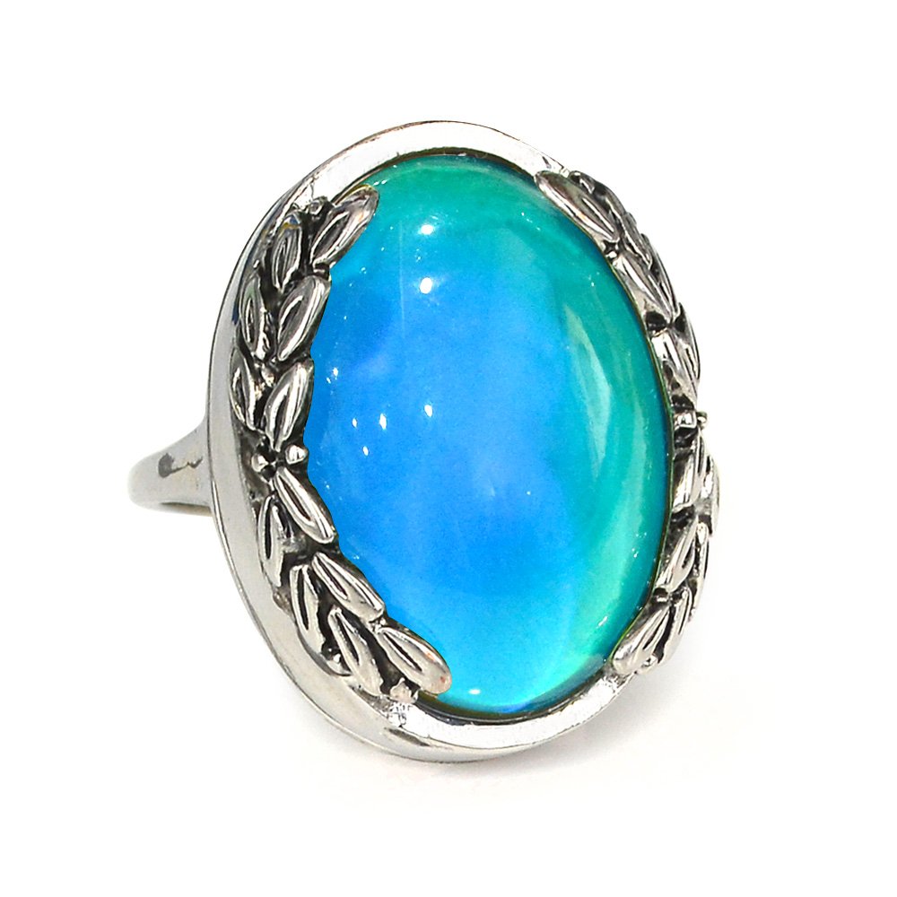 FUN JEWELS Antique Silver Color Plating Multi Color Change Oval Stone Leaf Statement Mood Ring Size 6-10 For Women