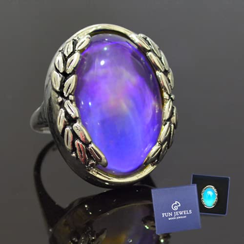 FUN JEWELS Antique Silver Color Plating Multi Color Change Oval Stone Leaf Statement Mood Ring Size 6-10 For Women