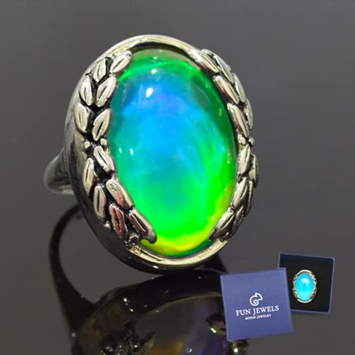 FUN JEWELS Antique Silver Color Plating Multi Color Change Oval Stone Leaf Statement Mood Ring Size 6-10 For Women