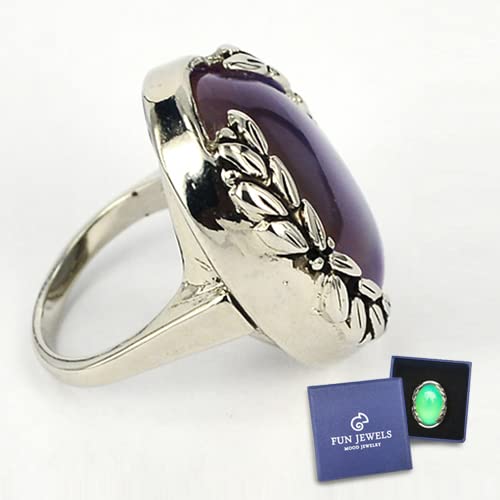 FUN JEWELS Antique Silver Color Plating Multi Color Change Oval Stone Leaf Statement Mood Ring Size 6-10 For Women