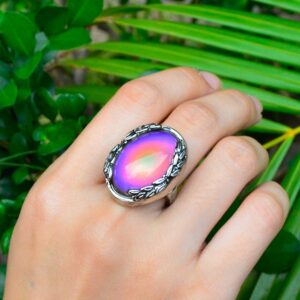 FUN JEWELS Antique Silver Color Plating Multi Color Change Oval Stone Leaf Statement Mood Ring Size 6-10 For Women