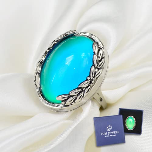 FUN JEWELS Antique Silver Color Plating Multi Color Change Oval Stone Leaf Statement Mood Ring Size 6-10 For Women