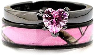 black plated pink camo wedding ring set pink heart engagement rings hypoallergenic titanium and stainless steel (7)