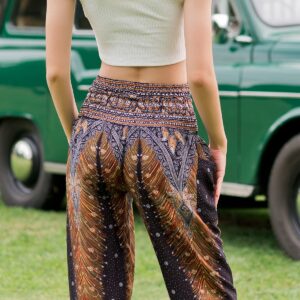 Banjamath® Women's Smocked Waist Harem Hippie Boho Yoga Palazzo Casual Pants (XL,Peacock Black)