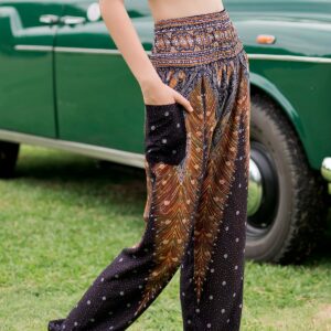 Banjamath® Women's Smocked Waist Harem Hippie Boho Yoga Palazzo Casual Pants (XL,Peacock Black)