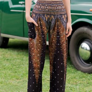 Banjamath® Women's Smocked Waist Harem Hippie Boho Yoga Palazzo Casual Pants (XL,Peacock Black)