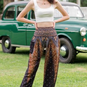 Banjamath® Women's Smocked Waist Harem Hippie Boho Yoga Palazzo Casual Pants (XL,Peacock Black)