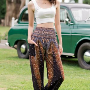 Banjamath® Women's Smocked Waist Harem Hippie Boho Yoga Palazzo Casual Pants (XL,Peacock Black)