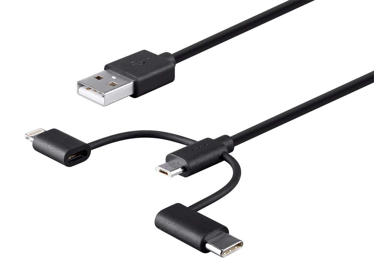 Monoprice 118789 Apple MFi Certified USB to Micro USB + USB Type-C + Lightning Charge And Sync Cable - 3 Feet - Black