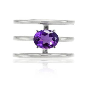 Ice Gems Sterling Silver African Amethyst Oval Three Row Band Ring, Size 9