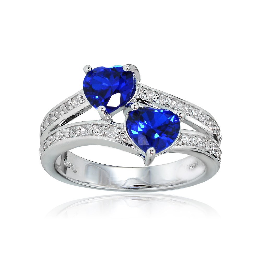 Ice Gems Sterling Silver Created Blue Sapphire and White Topaz Double Heart Friendship Ring, Size 9