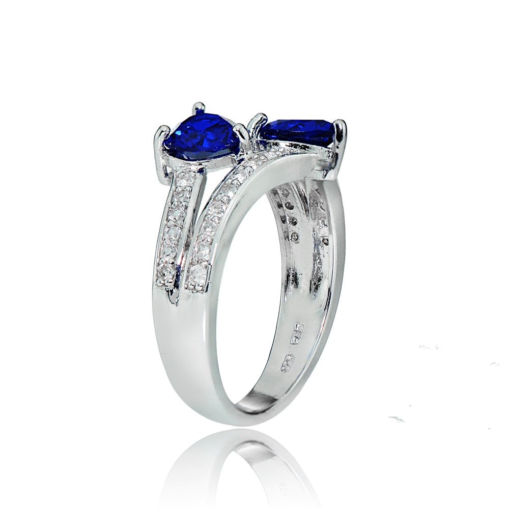 Ice Gems Sterling Silver Created Blue Sapphire and White Topaz Double Heart Friendship Ring, Size 9