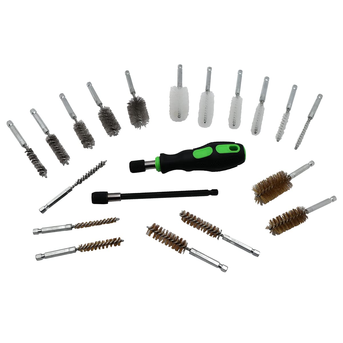 Grip 20 pc Wire Brush Set - 6" Power Tool Adapter, Quick Change Driver Handle, Nylon Brushes, Steel Brushes, Brass Brushes - Clean Firearms, Engine Parts, Hard to Reach Areas - Home, Garage, Workshop