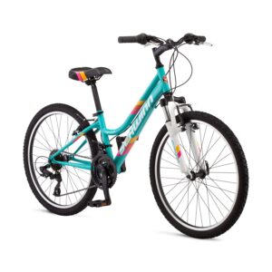 schwinn high timber mountain bike for youth boys girls, 24-inch wheels, 21-speeds, front suspension, steel frame and alloy linear pull brakes, teal