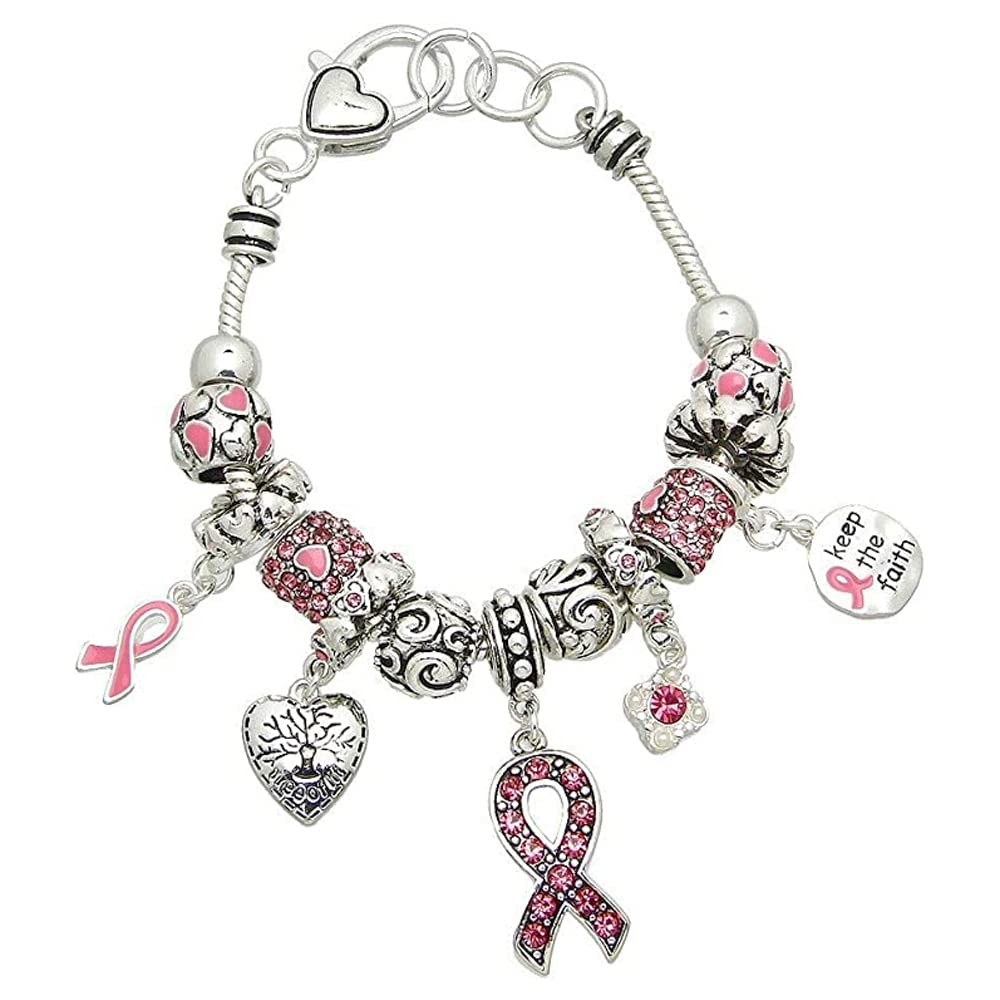 Lola Bella Gifts Crystal Keep the Faith Pink Ribbon Breast Cancer Awareness Charm Bracelet with Gift Box