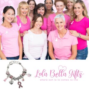 Lola Bella Gifts Crystal Keep the Faith Pink Ribbon Breast Cancer Awareness Charm Bracelet with Gift Box