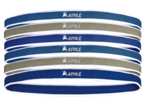 athlé skinny headbands for women and men - 6 pack - elastic headbands for women and men - non slip silicone grip - lightweight and comfortable thin headbands - blue, grey