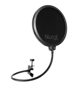 blucoil pop filter windscreen for professional handheld microphones - double layer screen with flexible gooseneck clip and swivel mount for podcasts, livestreams, studio recording, and broadcast