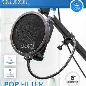 Blucoil Pop Filter Windscreen for Professional Handheld Microphones - Double Layer Screen with Flexible Gooseneck Clip and Swivel Mount for Podcasts, Livestreams, Studio Recording, and Broadcast