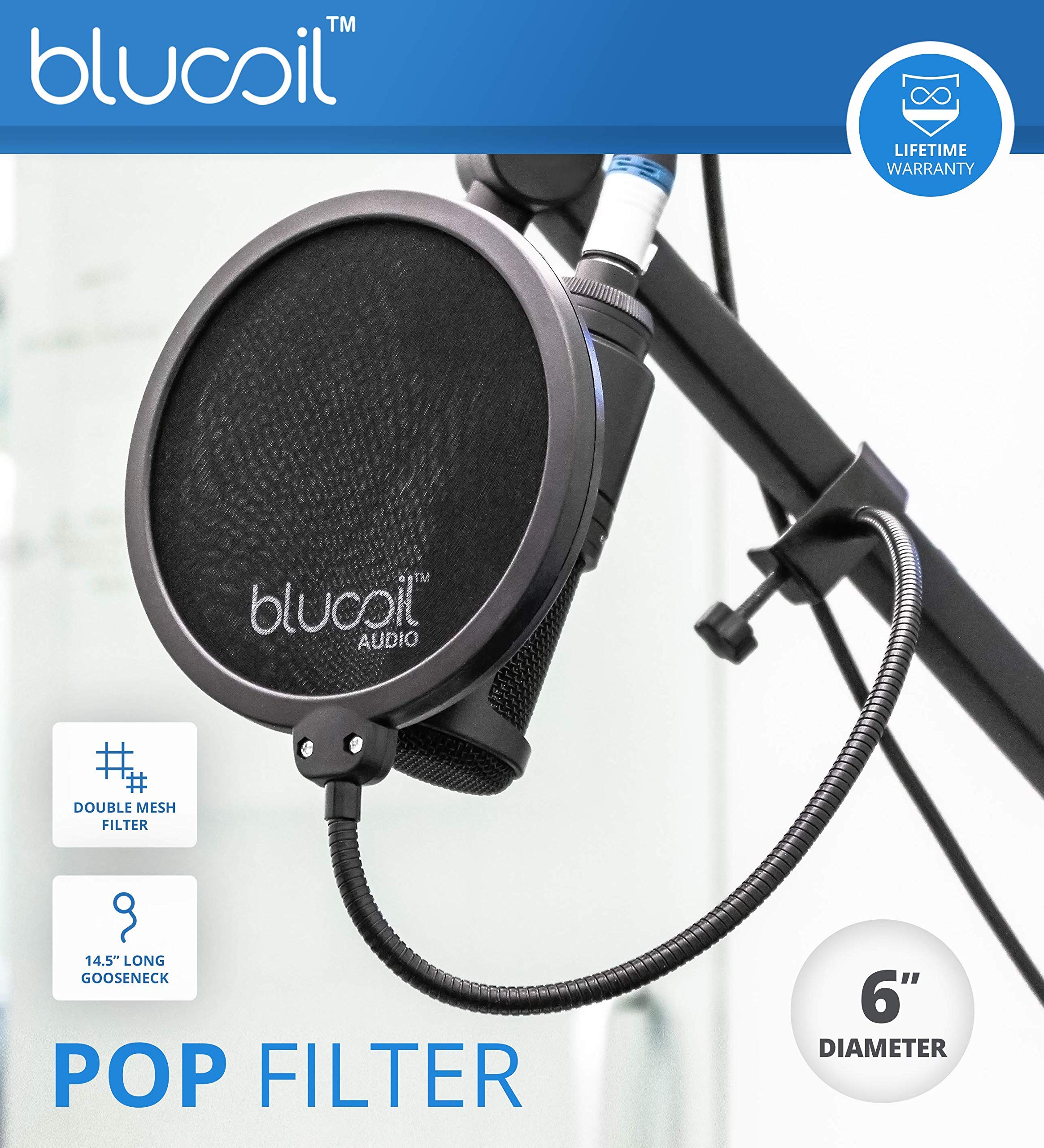 Blucoil Pop Filter Windscreen for Professional Handheld Microphones - Double Layer Screen with Flexible Gooseneck Clip and Swivel Mount for Podcasts, Livestreams, Studio Recording, and Broadcast