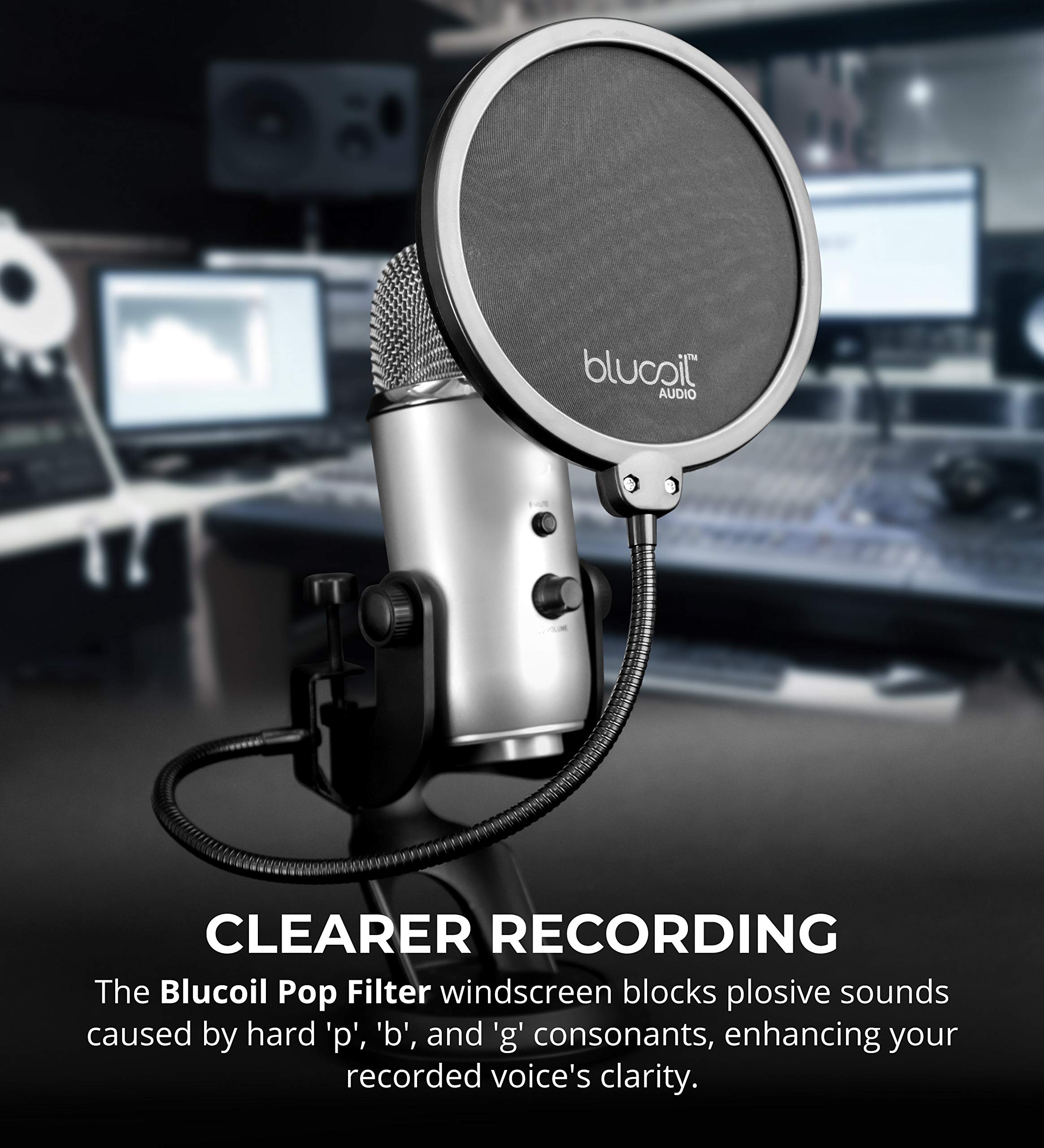 Blucoil Pop Filter Windscreen for Professional Handheld Microphones - Double Layer Screen with Flexible Gooseneck Clip and Swivel Mount for Podcasts, Livestreams, Studio Recording, and Broadcast