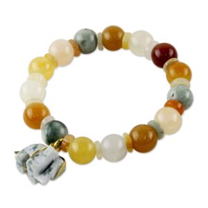 novica artisan jade and quartz beaded charm bracelet with elephant gold accent green stretch thailand animal themed birthstone [6.25 in inner circ. 10 mm w pendant(s) 0.8 in l x 0.7 in w] ' elephant