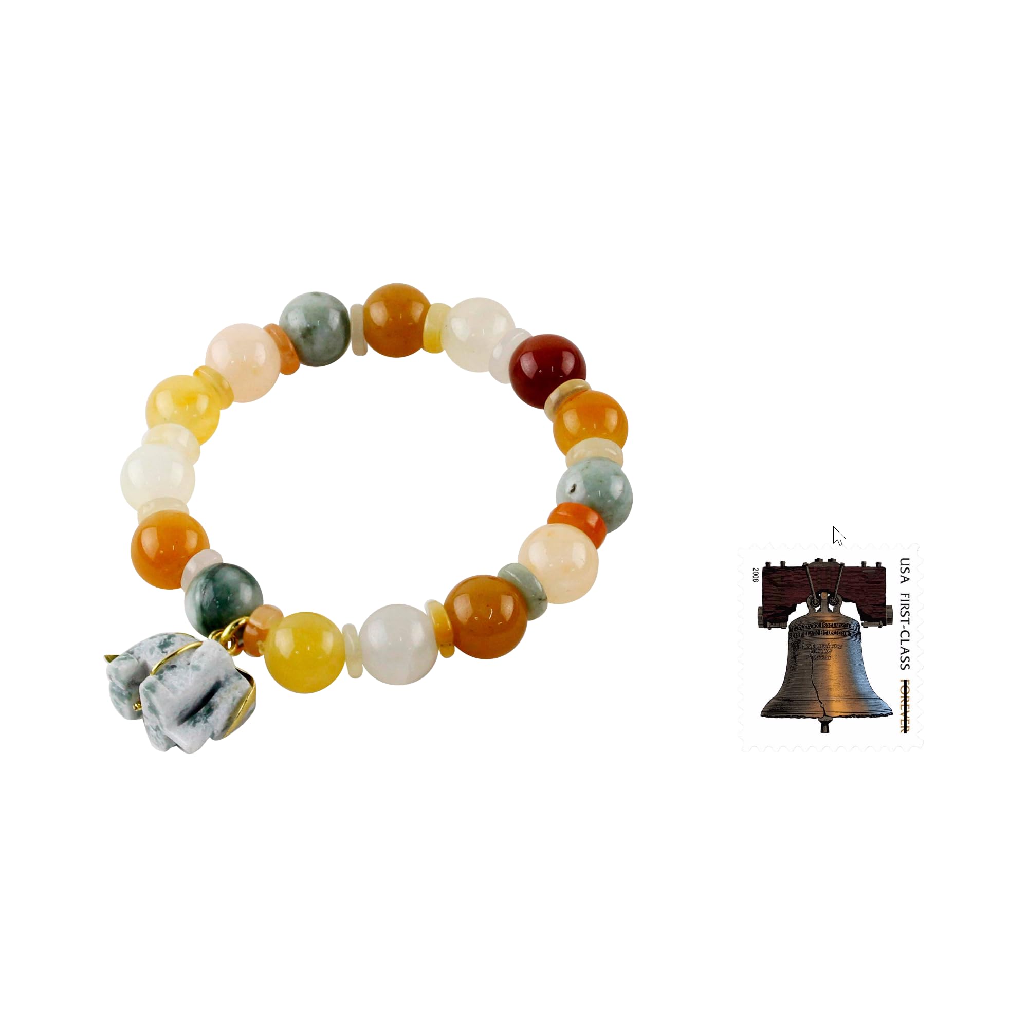 NOVICA Artisan Jade and Quartz Beaded Charm Bracelet with Elephant Gold Accent Green Stretch Thailand Animal Themed Birthstone [6.25 in Inner Circ. 10 mm W Pendant(s) 0.8 in L x 0.7 in W] ' Elephant