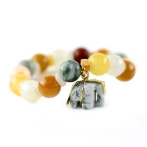 NOVICA Artisan Jade and Quartz Beaded Charm Bracelet with Elephant Gold Accent Green Stretch Thailand Animal Themed Birthstone [6.25 in Inner Circ. 10 mm W Pendant(s) 0.8 in L x 0.7 in W] ' Elephant