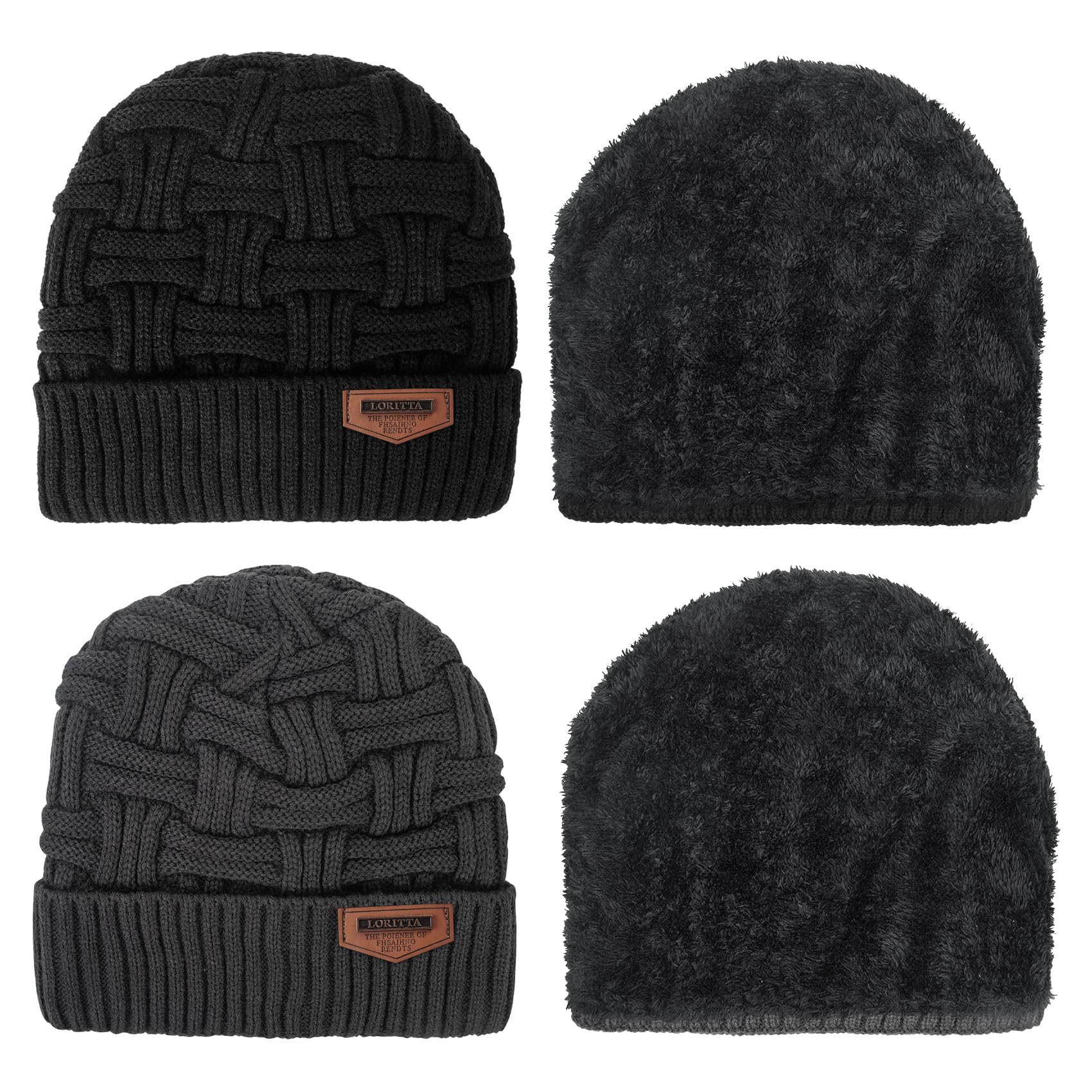 Loritta Winter Hat Warm Knitted Thick Baggy Slouchy Beanie Skull Cap for Men Gifts, C- Black+Gray with Weave, 2 Pack