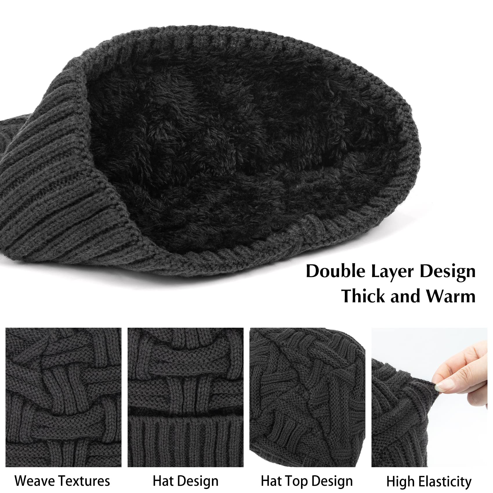 Loritta Winter Hat Warm Knitted Thick Baggy Slouchy Beanie Skull Cap for Men Gifts, C- Black+Gray with Weave, 2 Pack