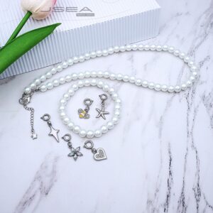 JSEA 8mm Faux Pearl Necklace Elastic Bracelet Jewelry Set Beige White Pink Fake Pearl Jewelry