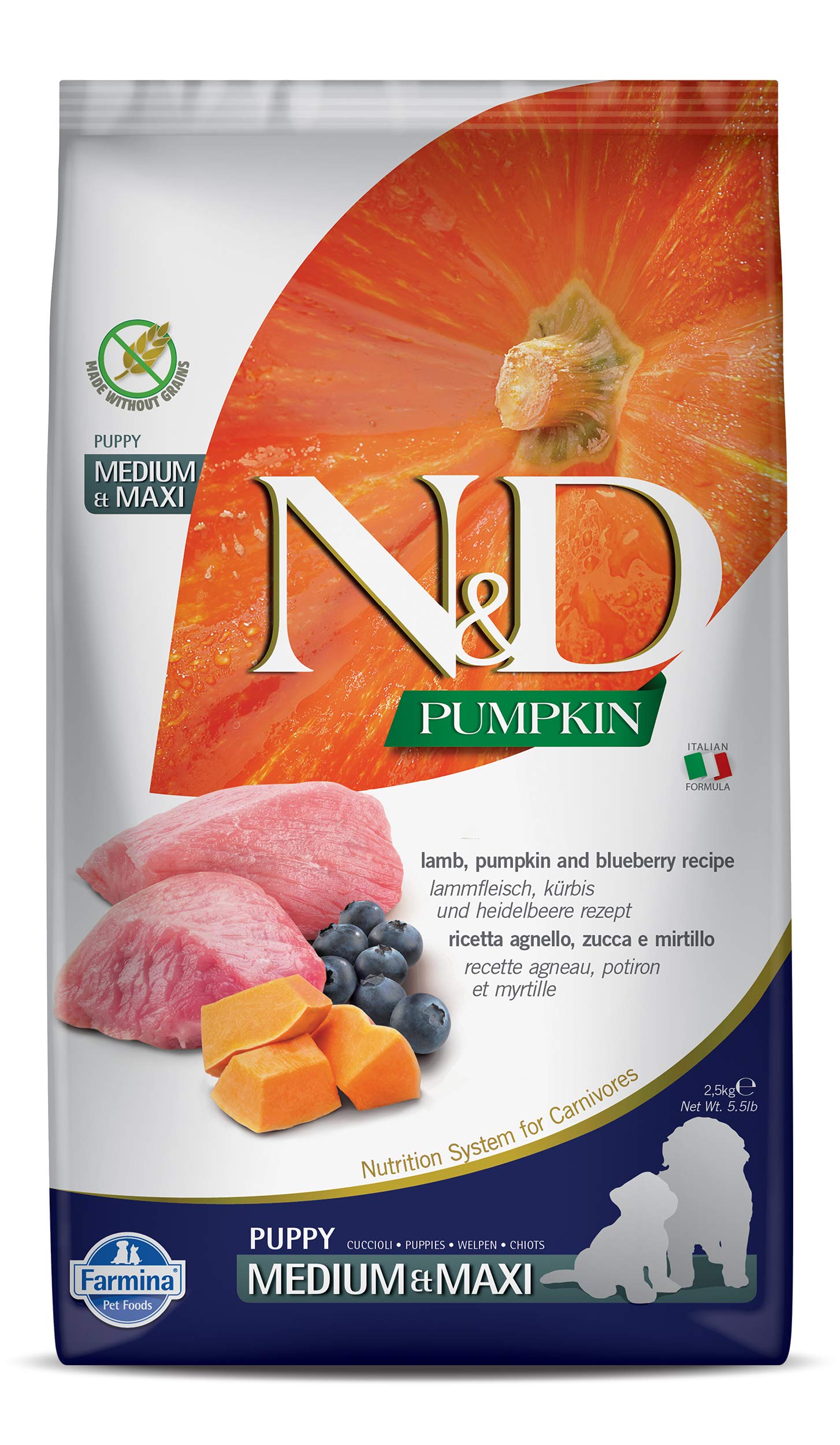 Farmina N&D Dog Dry Puppy Grain-Free Pumpkin Medium/Maxi Lamb & Blueberry 5.5 Pounds