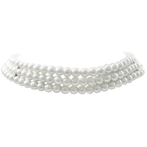 Isaac Kieran Faux Pearl 3-Strand Choker Necklace, Rhodium Finish, 6-mm Round Pearls, 13 Inches Long Plus 3 Inch Extender Chain (White)