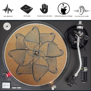 TazStudio Premium slipmat - Cork Turntable Mat for Better Sound Support on Vinyl LP Record Player - Cork mat Original Geometric Design Psychedelic Geometric line Spiral Flower [4mm Thickness]-m4