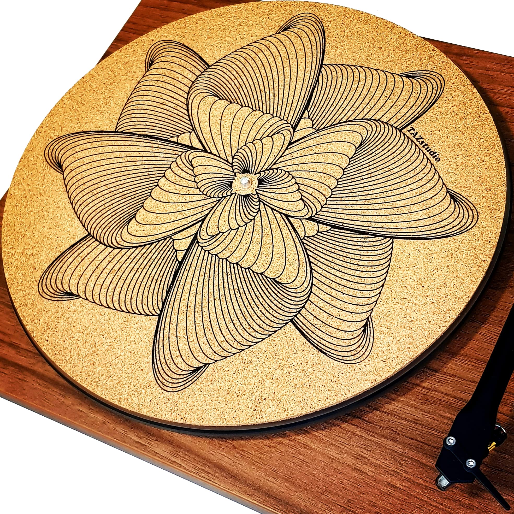 TazStudio Premium slipmat - Cork Turntable Mat for Better Sound Support on Vinyl LP Record Player - Cork mat Original Geometric Design Psychedelic Geometric line Spiral Flower [4mm Thickness]-m4