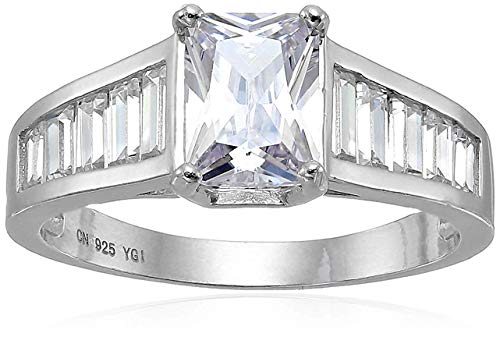 Sterling Silver 6x8mm Emerald Cut Cubic Zirconia Engagement Ring With Graduated Baguette Band