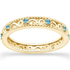 Jewel Zone US March Birthstone Round Cut Blue Aquamarine Stackable Ring in 14K Yellow Gold Over Sterling Silver