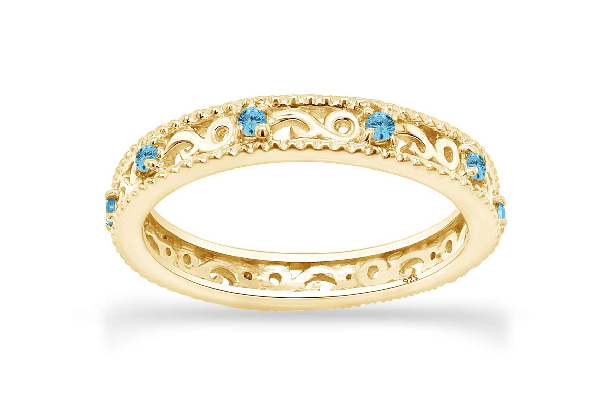 Jewel Zone US March Birthstone Round Cut Blue Aquamarine Stackable Ring in 14K Yellow Gold Over Sterling Silver