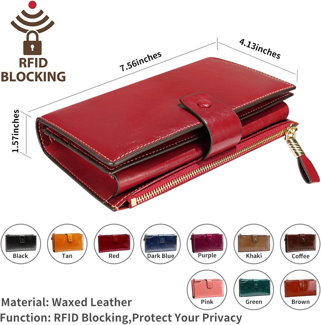 Itslife Womens Wallet RFID Blocking Large Capacity Luxury Wax Genuine Leather Wallets Clutch Wallet Ladies Card holder, Red